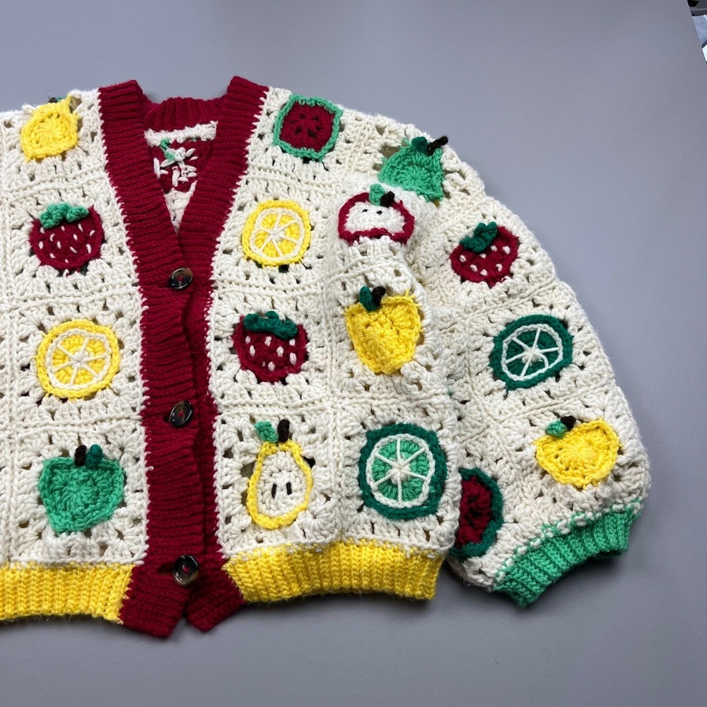 Handmade Crochet Fruit Cardigan Women XL Multicolor Granny Square Chunky Knit